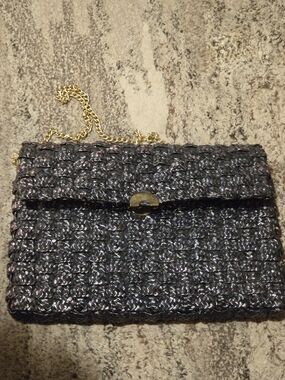 Vintage Black Woven Shoulder Clutch with Gold Chain Made In Hong Kong
